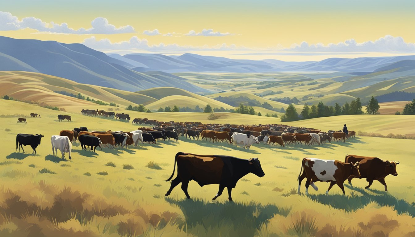 A group of ranchers herding cattle through a vast, open landscape with rolling hills and a clear blue sky overhead