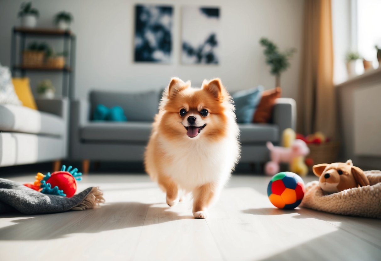 A tiny Pomeranian frolics in a sunlit living room, surrounded by toys and cozy blankets