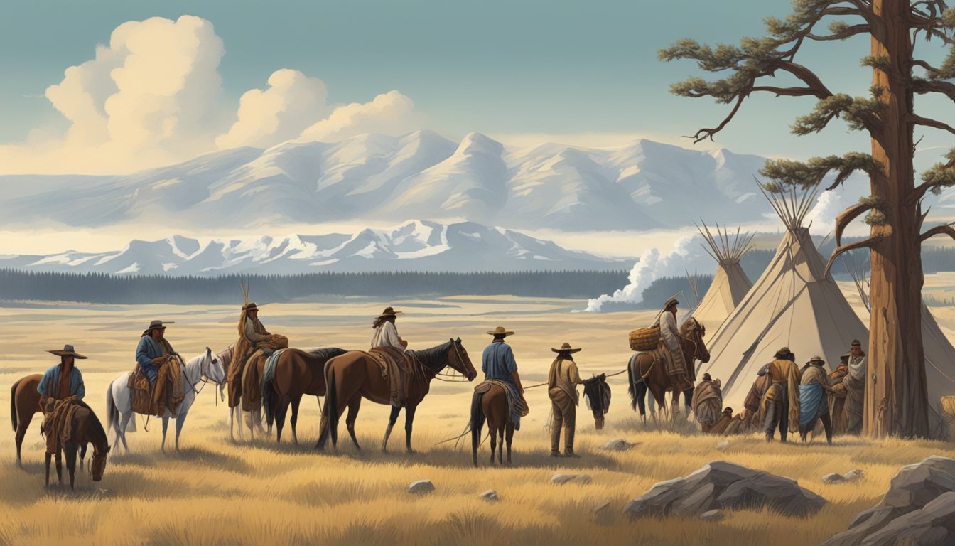 A group of Native American tribes trading goods with ranchers in the American West, with Yellowstone National Park in the background