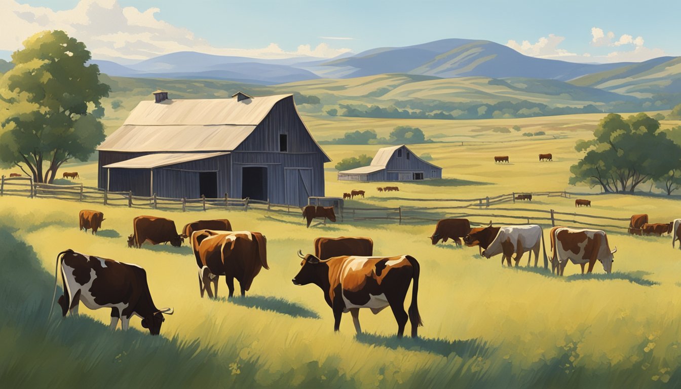 A herd of cattle graze peacefully in a vast, open prairie, surrounded by rolling hills and a bright blue sky. A rustic ranch house and barn sit in the distance, adding to the sense of a traditional ranching lifestyle