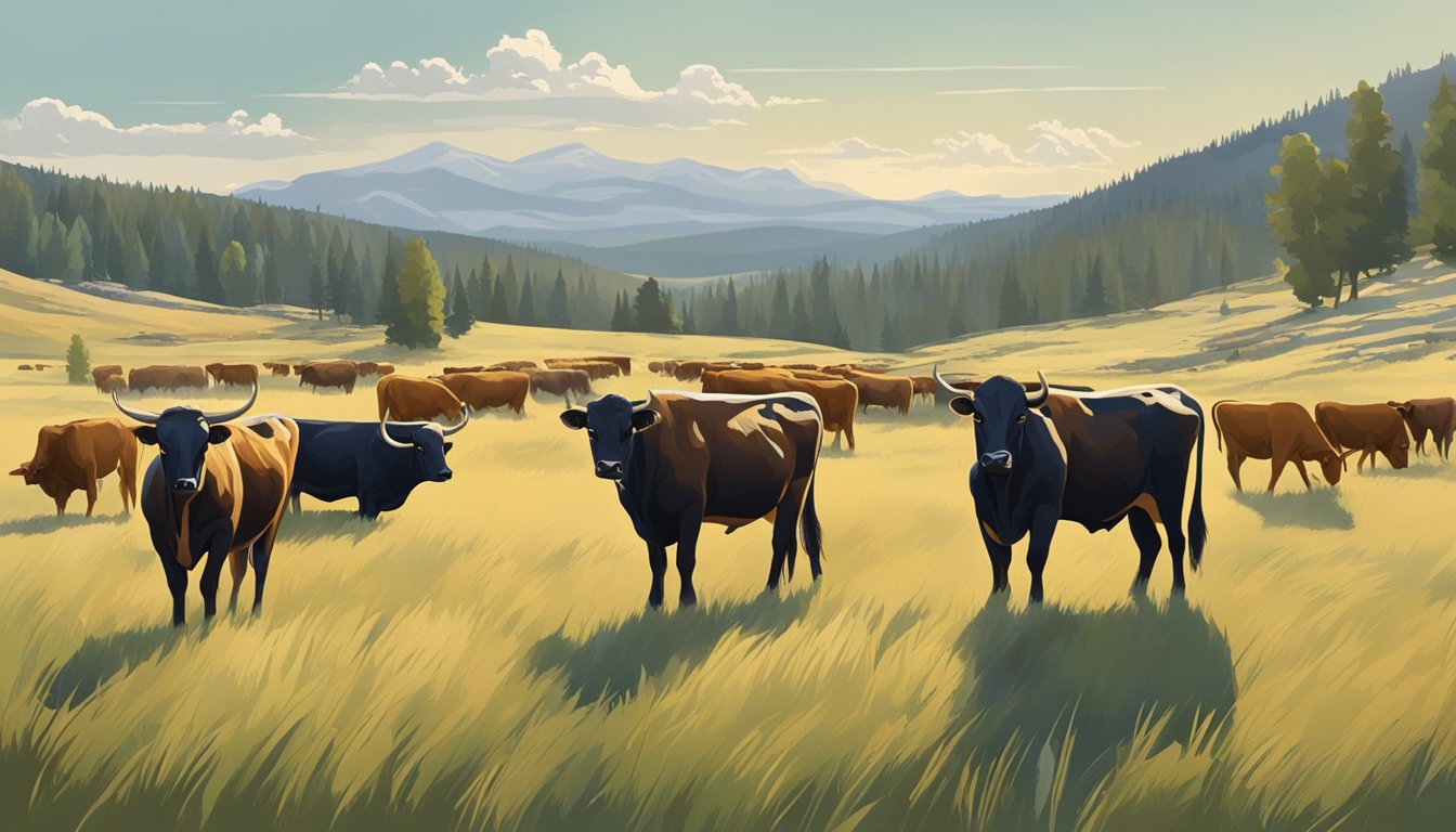 A herd of cattle grazing on the open range, surrounded by rolling hills and a backdrop of the iconic Yellowstone landscape