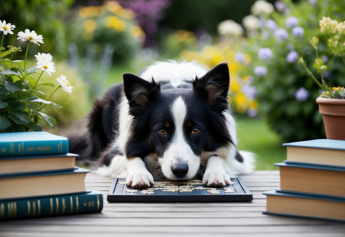 A border collie calmly solves a puzzle, surrounded by books and a peaceful garden