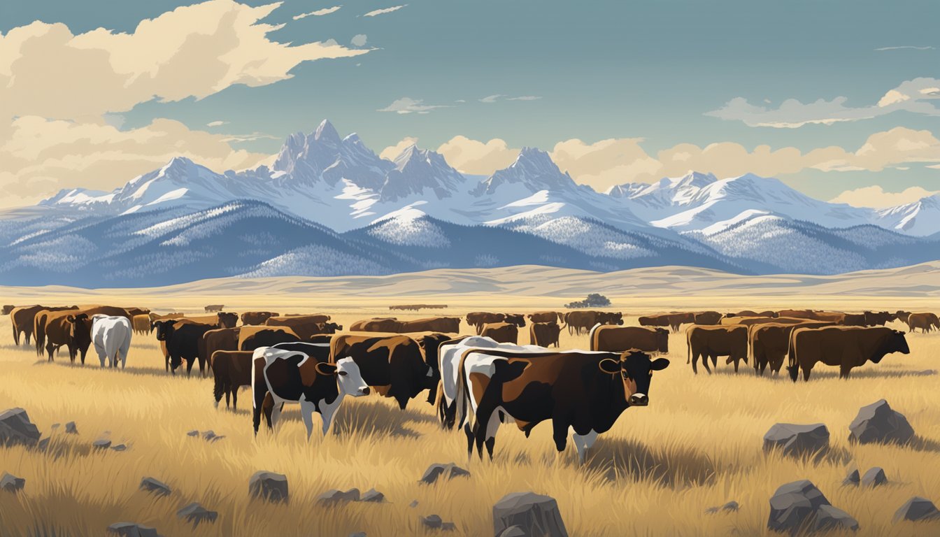 A herd of cattle grazing in a vast, open prairie with snow-capped mountains in the distance, showcasing the historical influence of ranching on the American West and Yellowstone