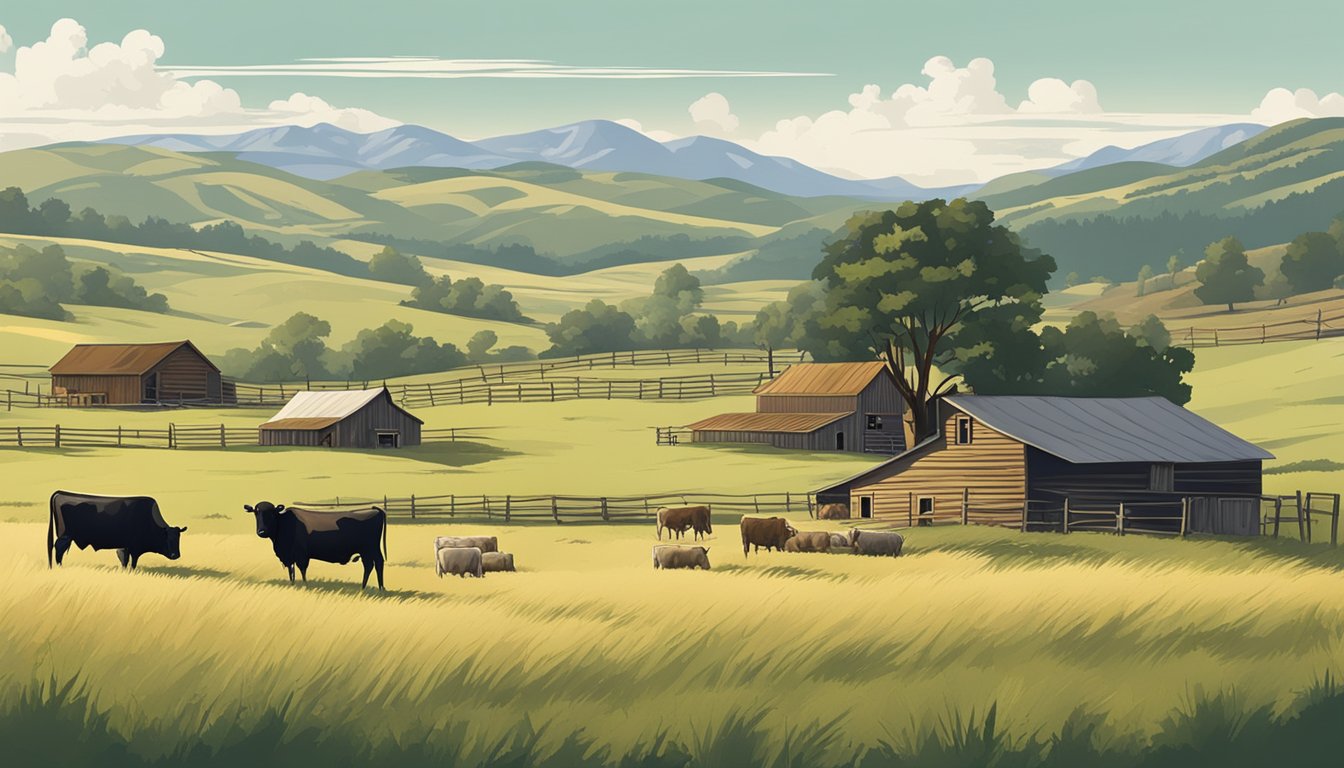 A sprawling ranch with cattle grazing in the distance, surrounded by rolling hills and a rustic barn in the background