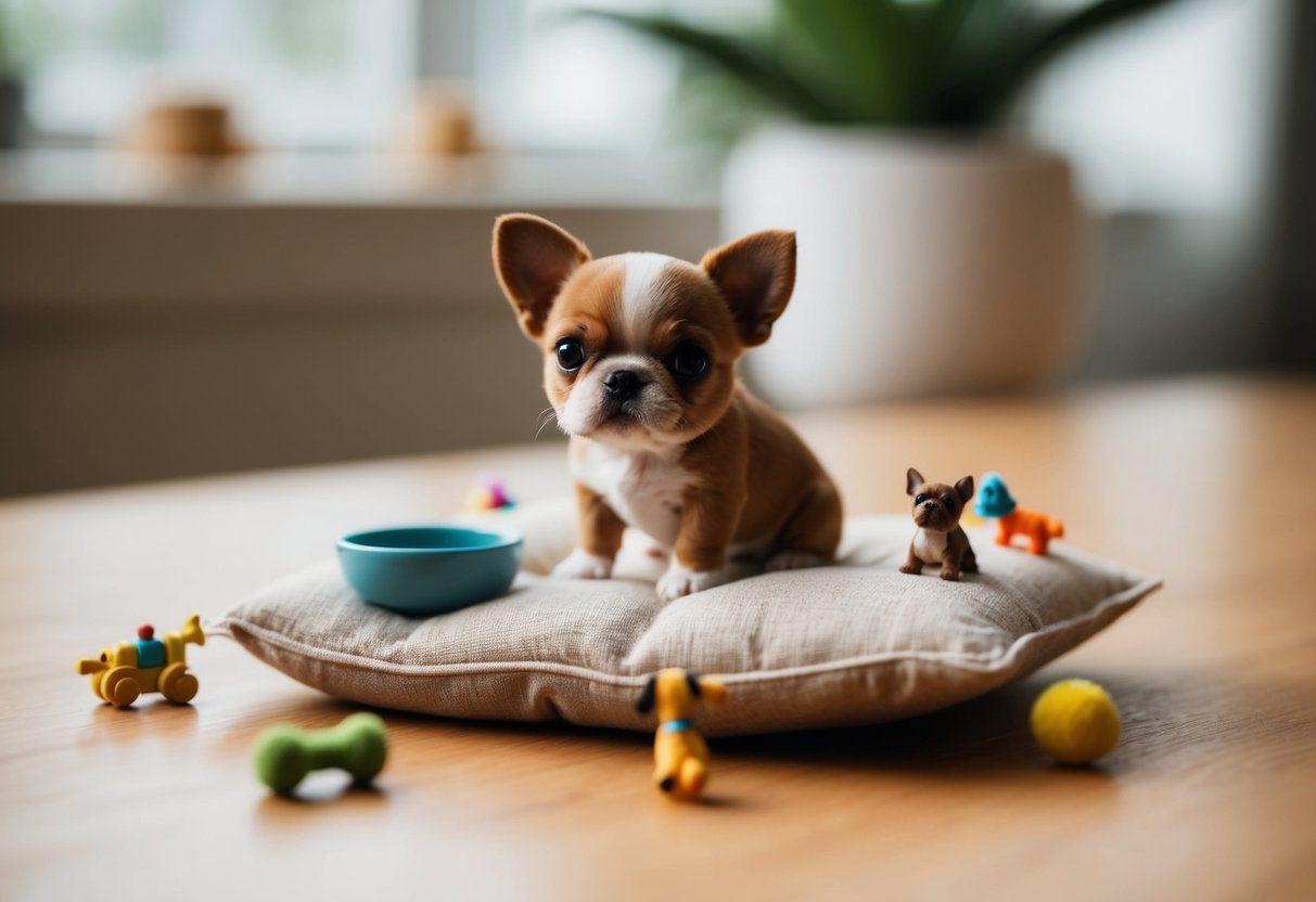 A tiny toy dog sits on a palm-sized cushion, surrounded by miniature toys and a tiny bowl of water
