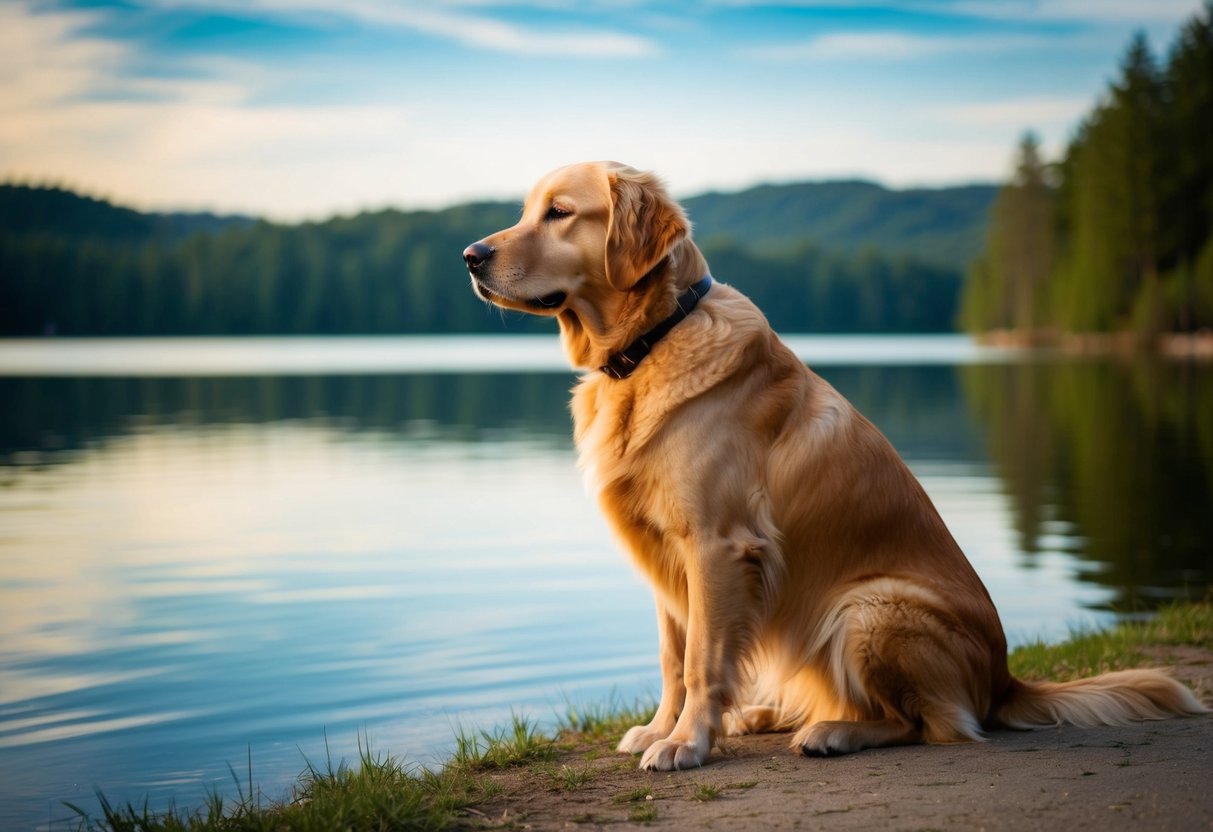 A golden retriever sits serenely by a tranquil lake, gazing off into the distance with a wise and peaceful expression