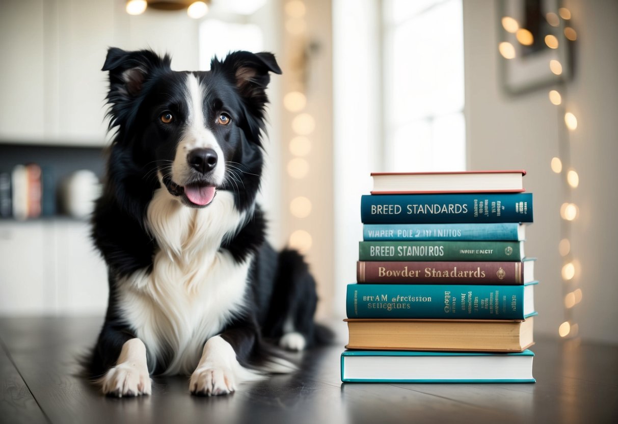 A Border Collie calmly sits beside a stack of books on breed standards and health considerations, looking alert and intelligent