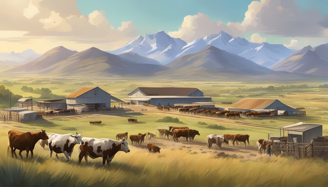 A sprawling cattle ranch with grazing herds, cowboys on horseback, and modern infrastructure against a backdrop of scenic mountains and open plains