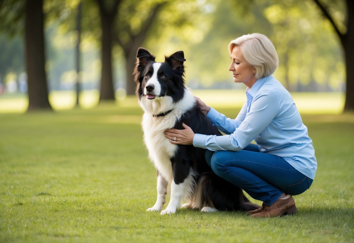 A border collie calmly sitting by its owner's side, attentively listening to commands amidst a serene park setting