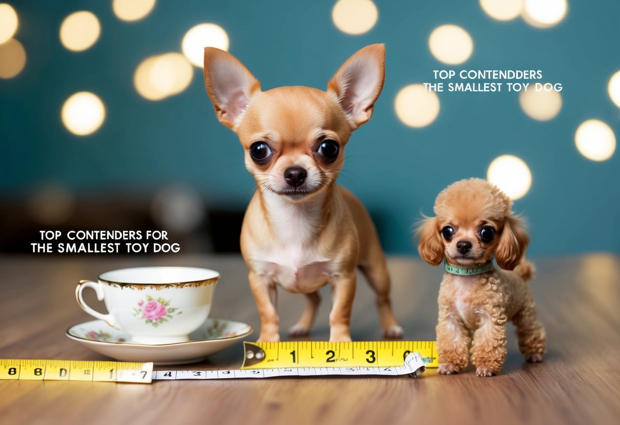 A tiny Chihuahua stands next to a teacup, measuring tape, and a small toy poodle, all labeled "Top Contenders for the Smallest Toy Dog."