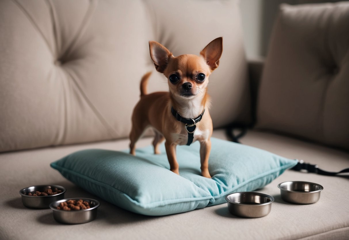 A tiny Chihuahua stands on a soft, cushioned bed, surrounded by miniature bowls of food and water, with a tiny collar and leash nearby