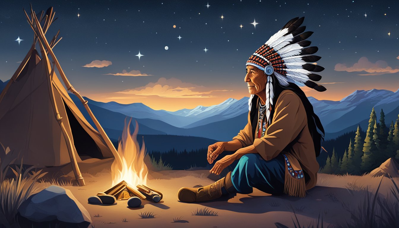 A Native American elder sits by a campfire, surrounded by mountains and wildlife. The night sky is filled with stars, and the air is filled with the sound of traditional music and storytelling