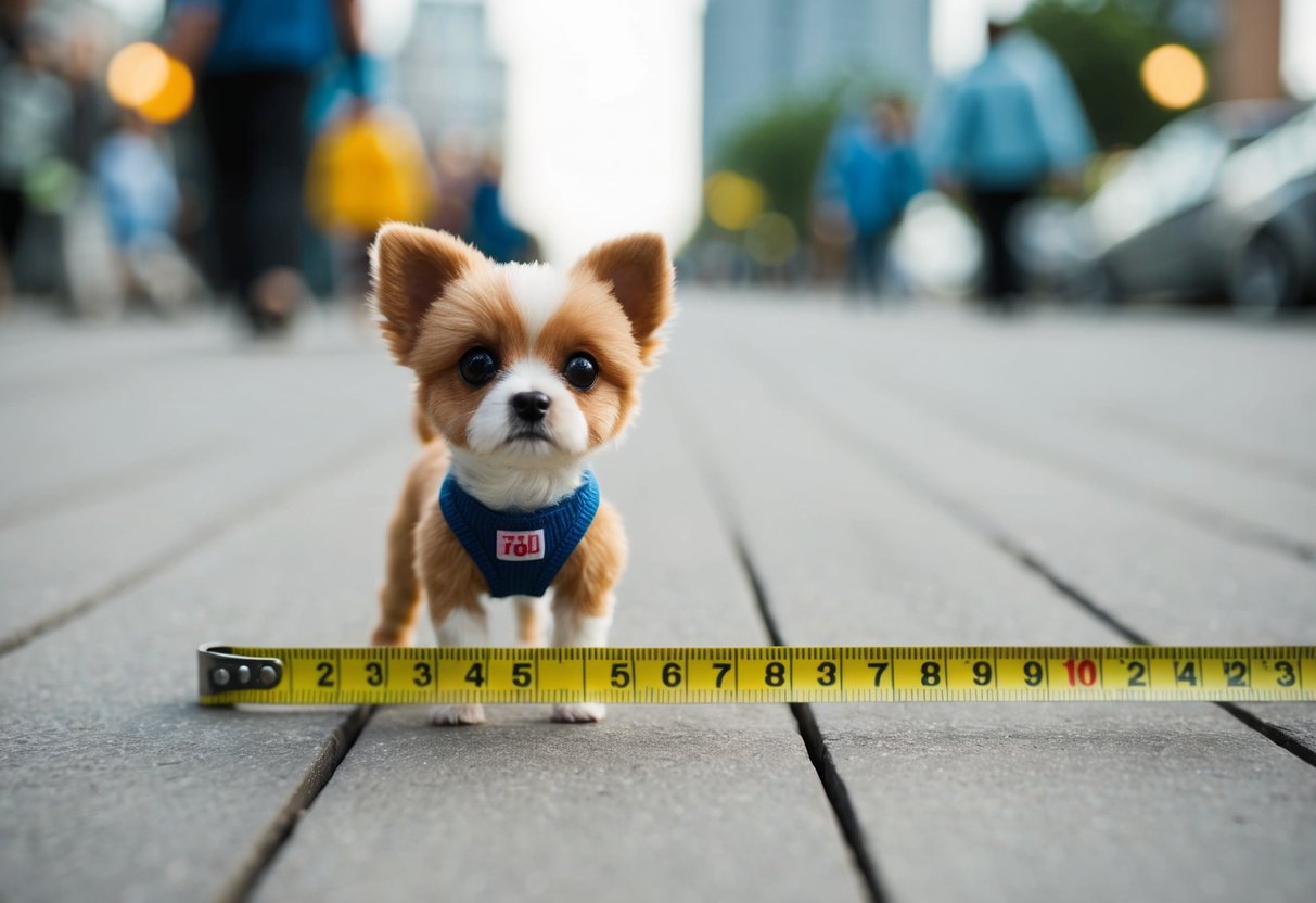 A tiny toy dog standing next to a measuring tape, showcasing its miniature size for the world record