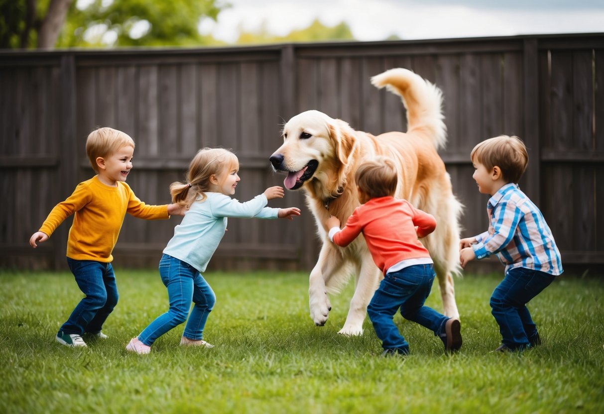A golden retriever playfully interacts with children in a fenced backyard
