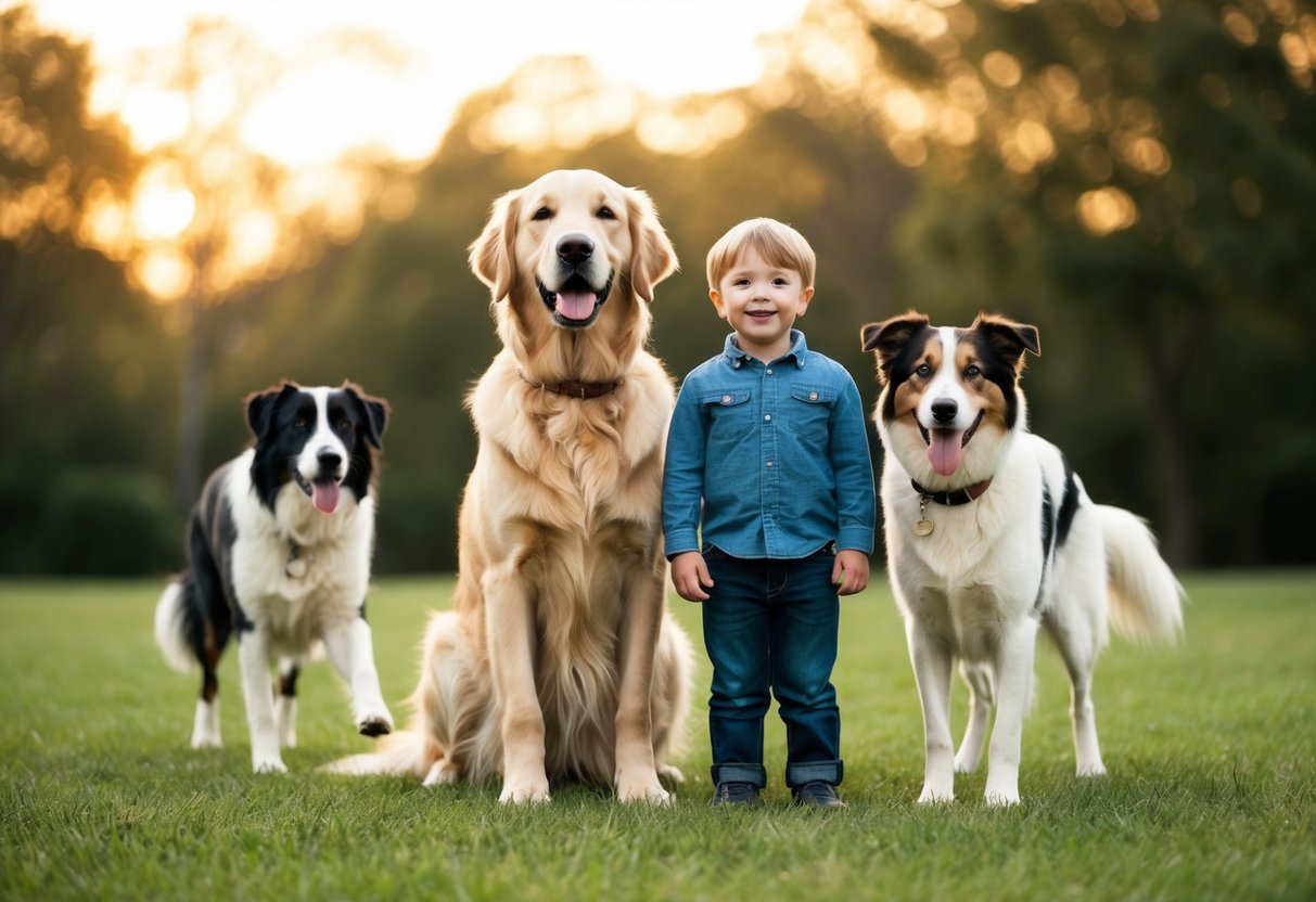 A golden retriever standing protectively in front of a smiling child, with a Labrador and a collie playing nearby
