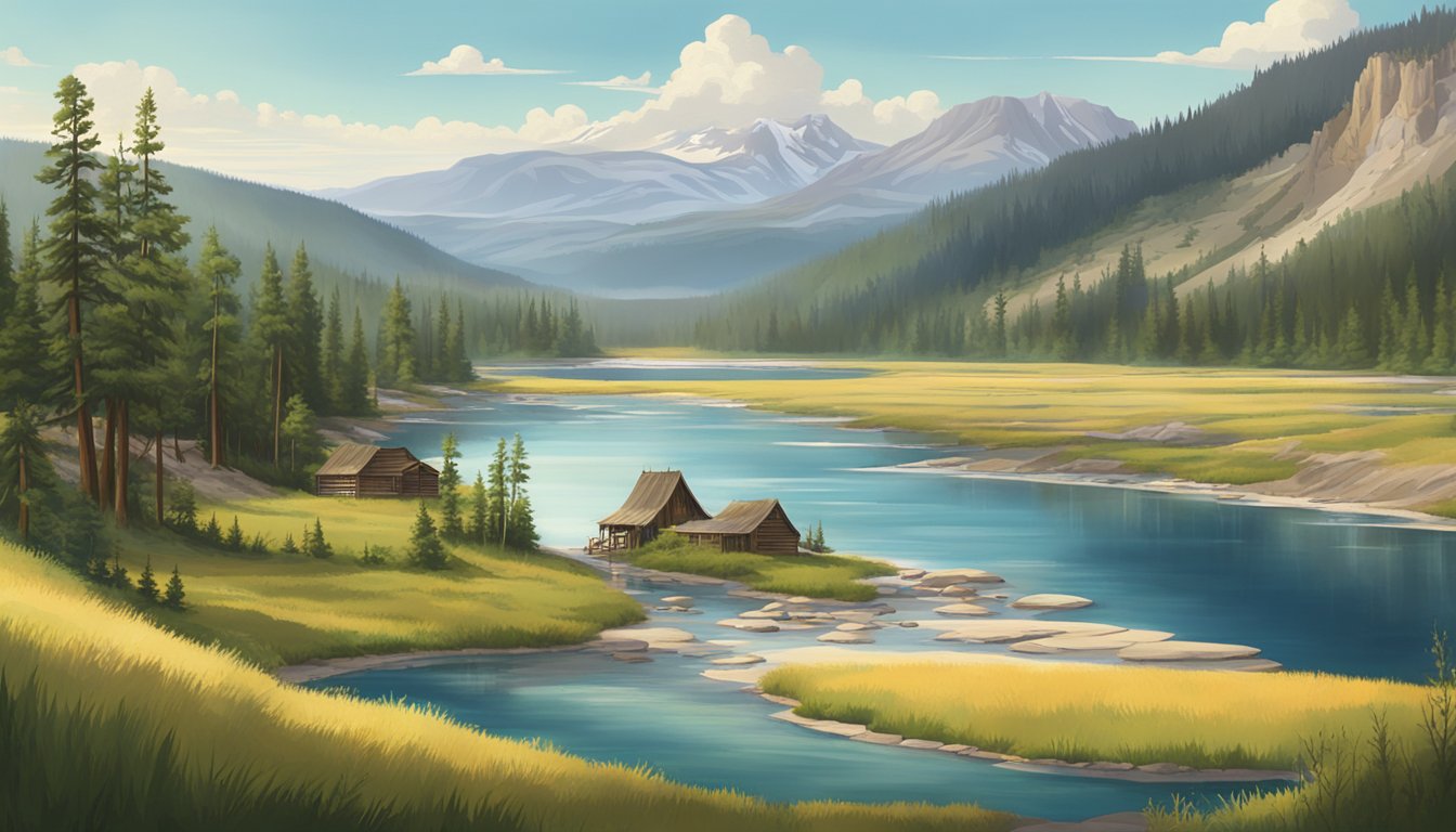 A serene landscape of Yellowstone National Park, with a traditional Native American village nestled among the lush greenery, surrounded by majestic mountains and a crystal-clear river