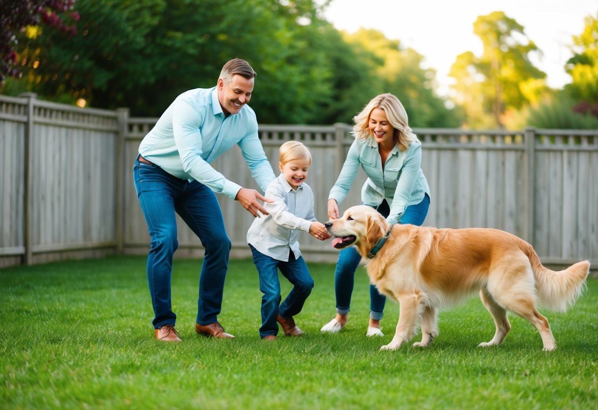 A happy family playing with a golden retriever in a fenced backyard