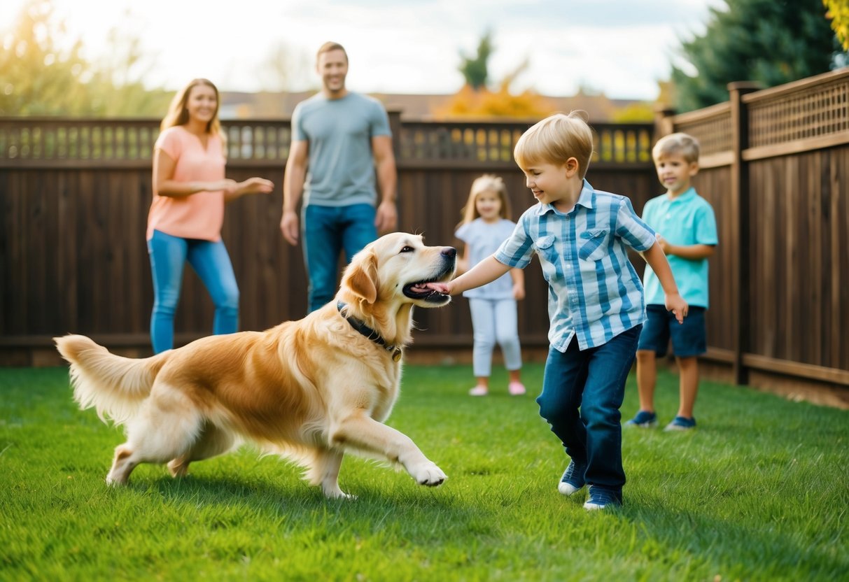 A golden retriever playing with children in a fenced backyard, while a family watches from a safe distance
