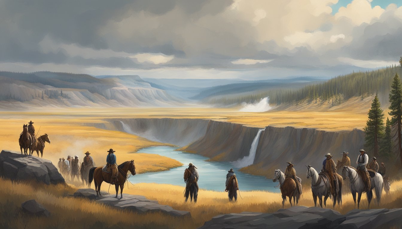 A group of settlers and Native Americans stand on opposite sides of a vast, rugged landscape in Yellowstone. Tensions are high as they confront each other over the land