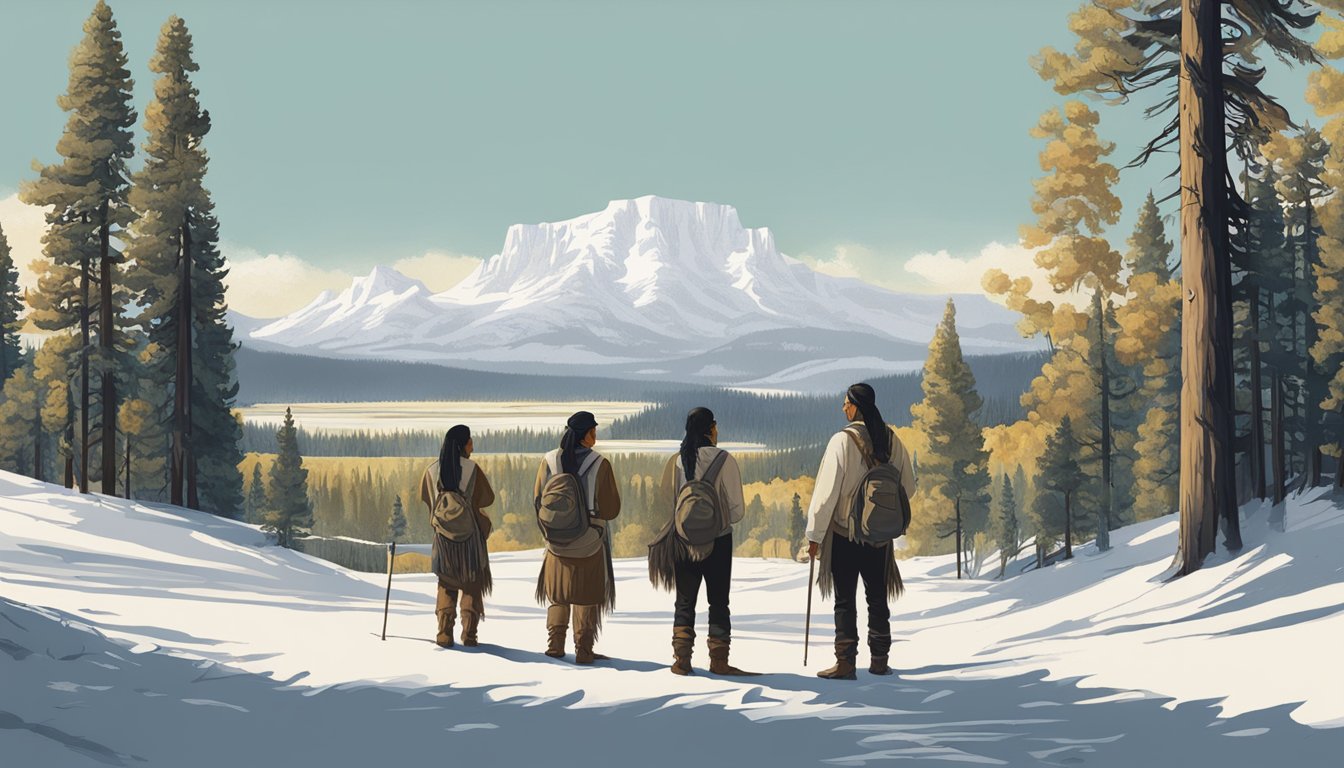 A group of Native American individuals stand outside the entrance to Yellowstone National Park, looking at a stark contrast between the natural beauty of the park and the economic and social challenges faced by their community