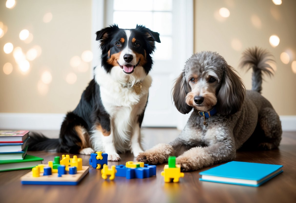 A border collie sits attentively, surrounded by puzzle toys and books, while a poodle confidently solves a complex problem