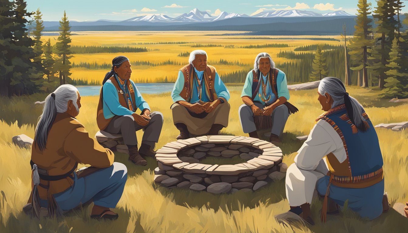 A group of Native American elders sit in a circle, sharing stories and traditions. In the background, the majestic landscape of Yellowstone National Park looms large