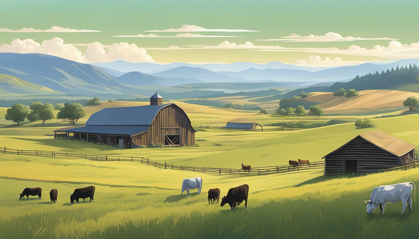 A sprawling ranch landscape with grazing cattle, rolling hills, and a rustic barn, surrounded by wide open spaces and a clear blue sky