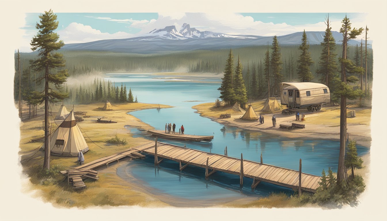 A serene landscape of Yellowstone National Park with a traditional Native American encampment juxtaposed against the modern reality of tourist-filled boardwalks and vehicles