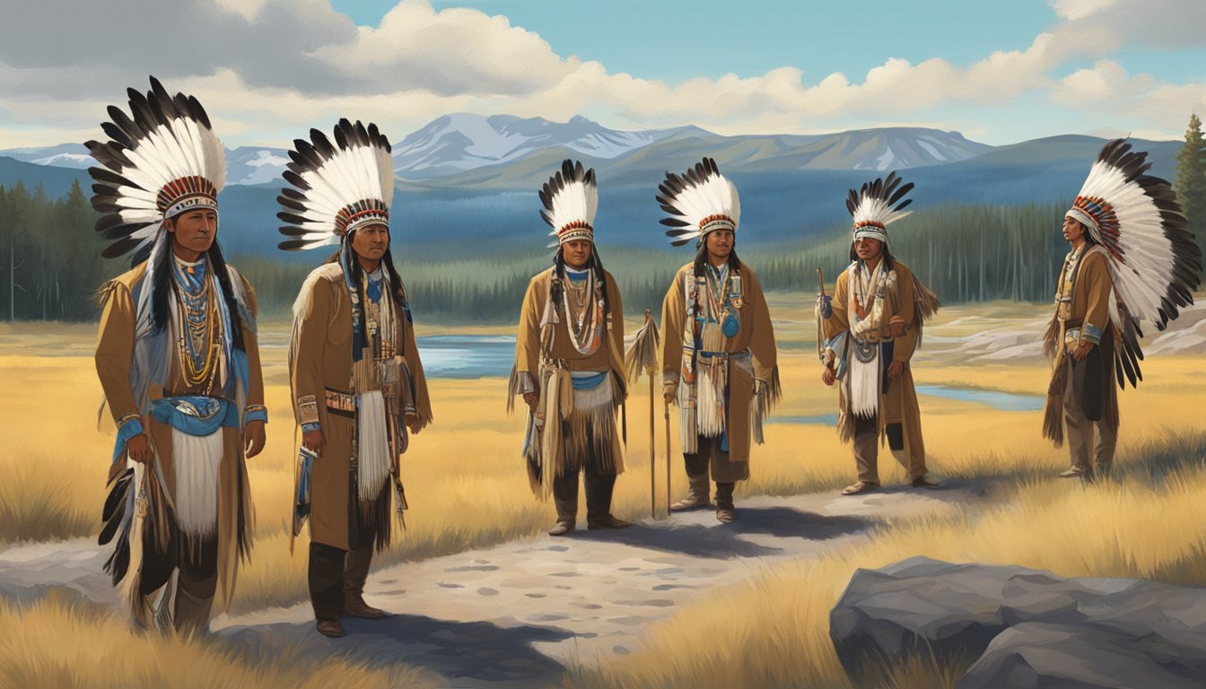 A group of Native American performers in traditional regalia, surrounded by the natural beauty of Yellowstone National Park