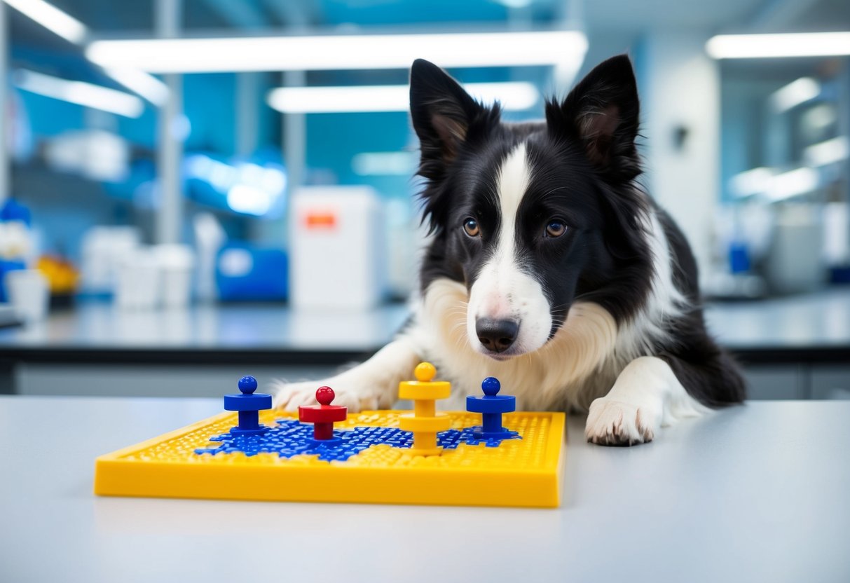 A Border Collie solving a complex puzzle in a research lab