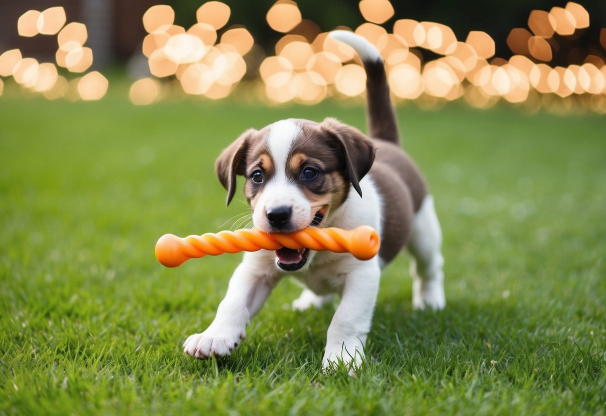 A puppy playing with a chew toy in a grassy backyard