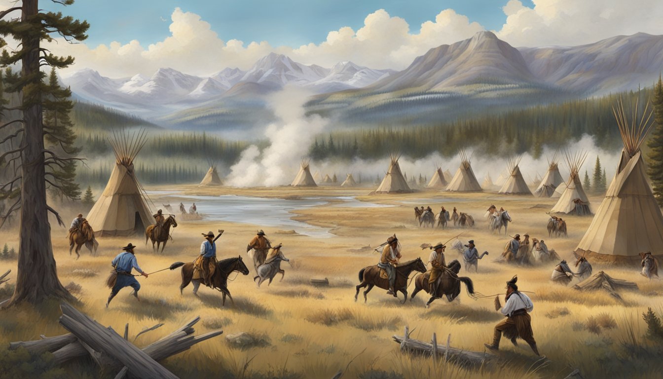 A group of settlers and Native Americans clash over land in the rugged terrain of Yellowstone National Park, with tepees and log cabins dotting the landscape