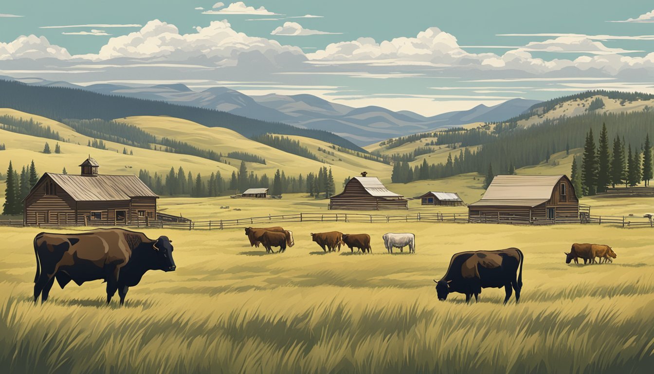 A sprawling Montana ranch with grazing cattle, rolling hills, and a rustic farmhouse. A backdrop of the iconic Yellowstone National Park looms in the distance