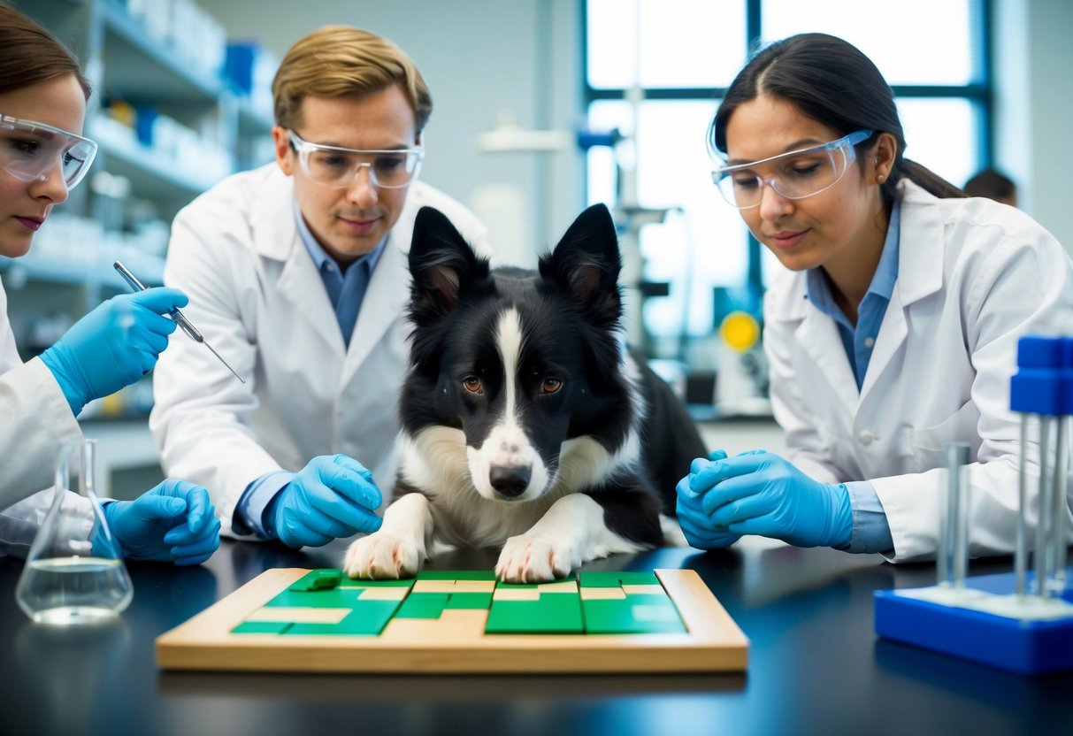 A border collie solving puzzles in a research lab, surrounded by scientists and testing equipment