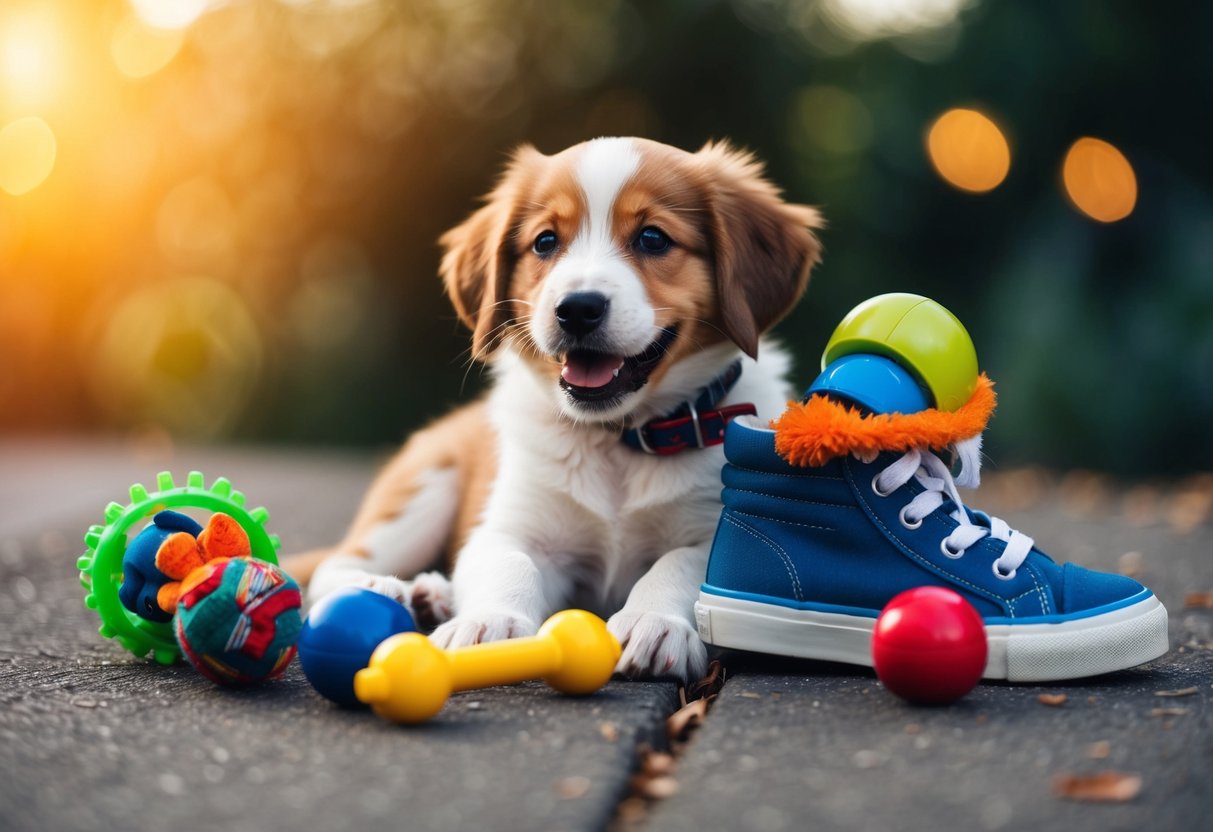 A playful puppy surrounded by toys and a chewed-up shoe