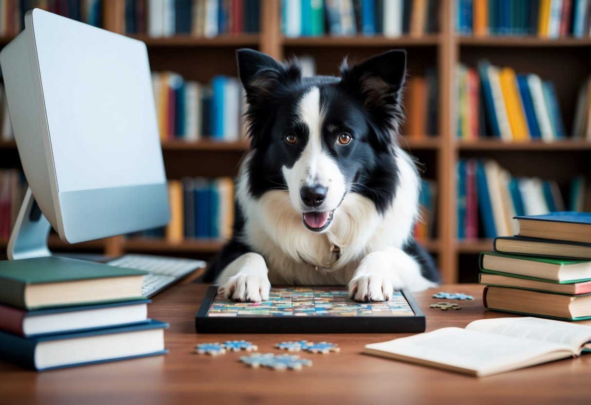 A border collie solving a puzzle, surrounded by books and a computer, showcasing intelligence and problem-solving skills