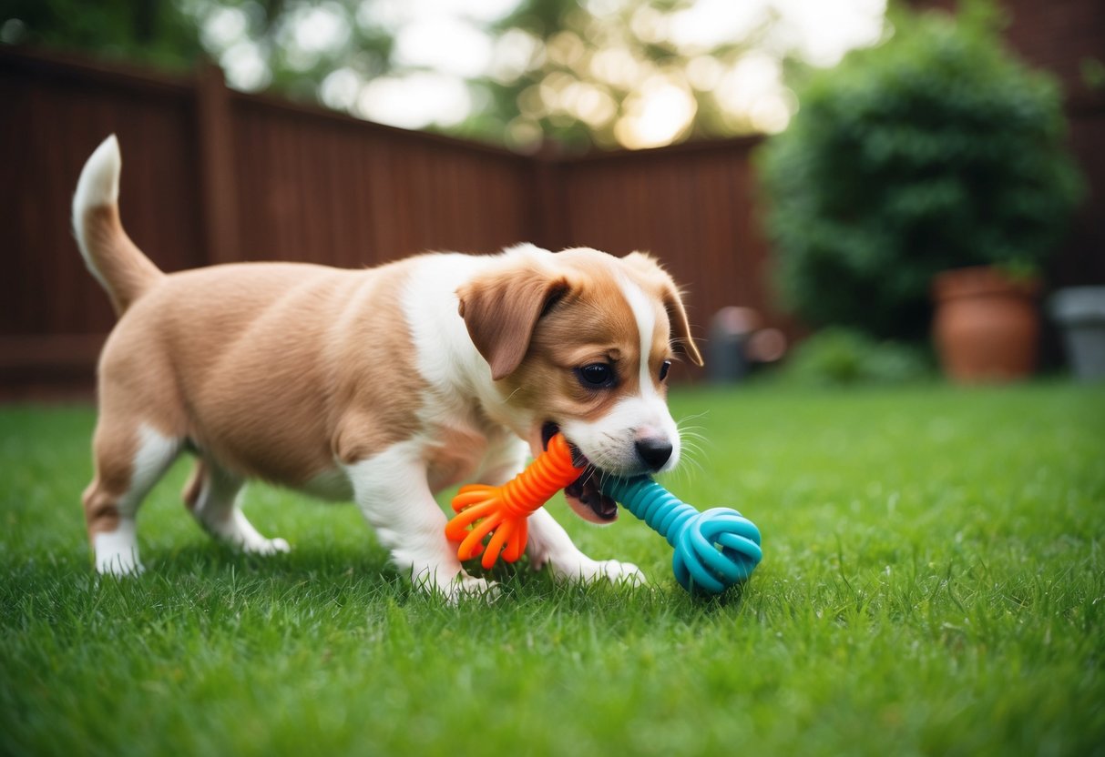 A puppy playing with a chew toy in a grassy backyard