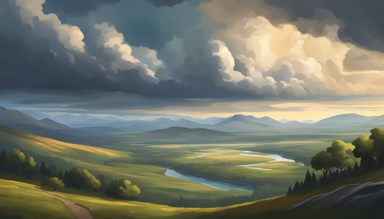 A vast, rugged landscape with rolling hills, dense forests, and a winding river. The sky is expansive and dramatic, with storm clouds gathering on the horizon