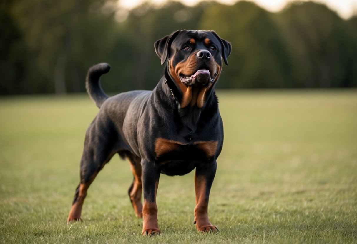 A muscular, alert Rottweiler stands confidently, showcasing its powerful build and imposing presence as the strongest dog breed in the world