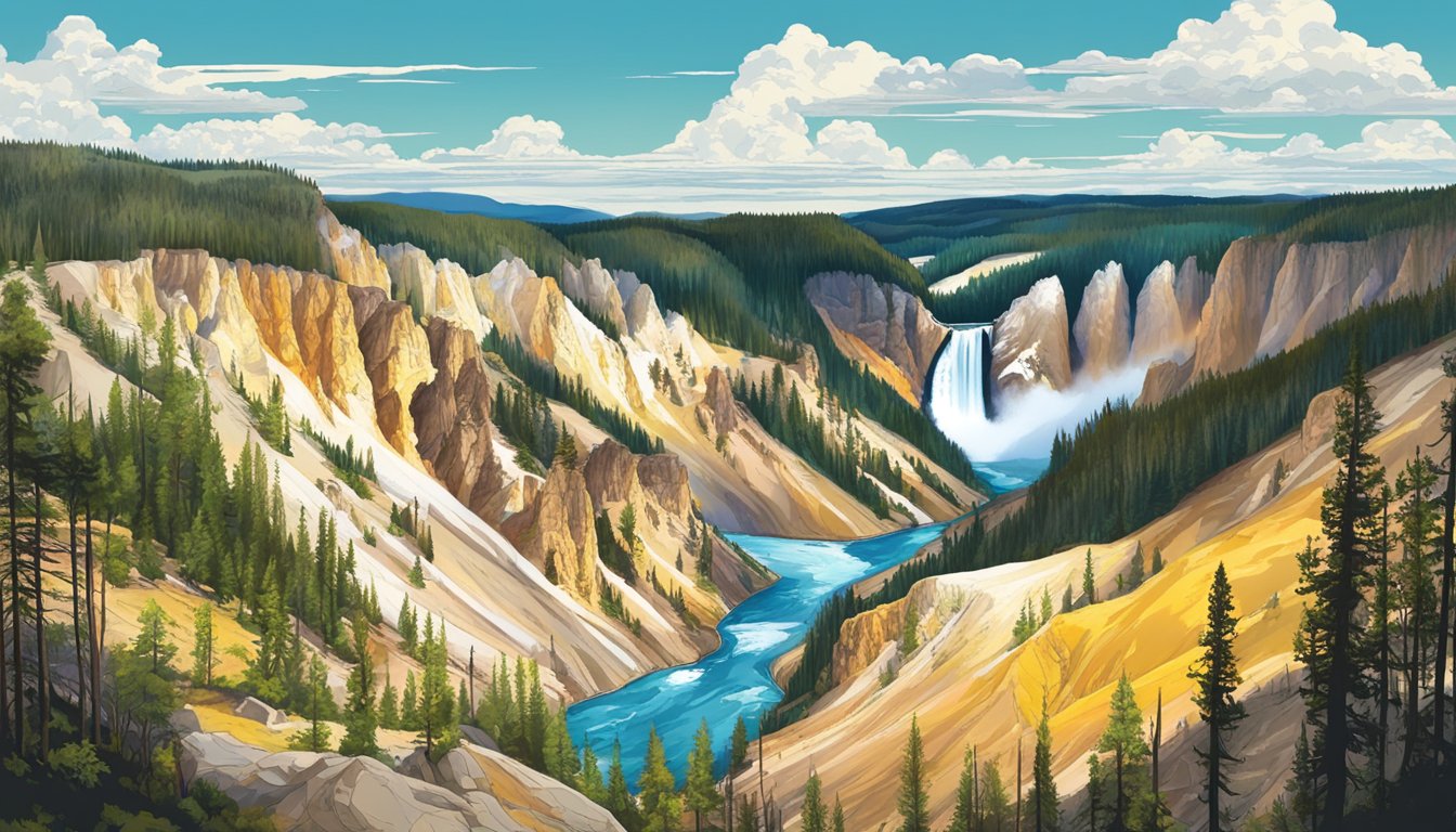 A vibrant landscape of Yellowstone National Park, with a juxtaposition of untouched wilderness and human development encroaching on the natural beauty