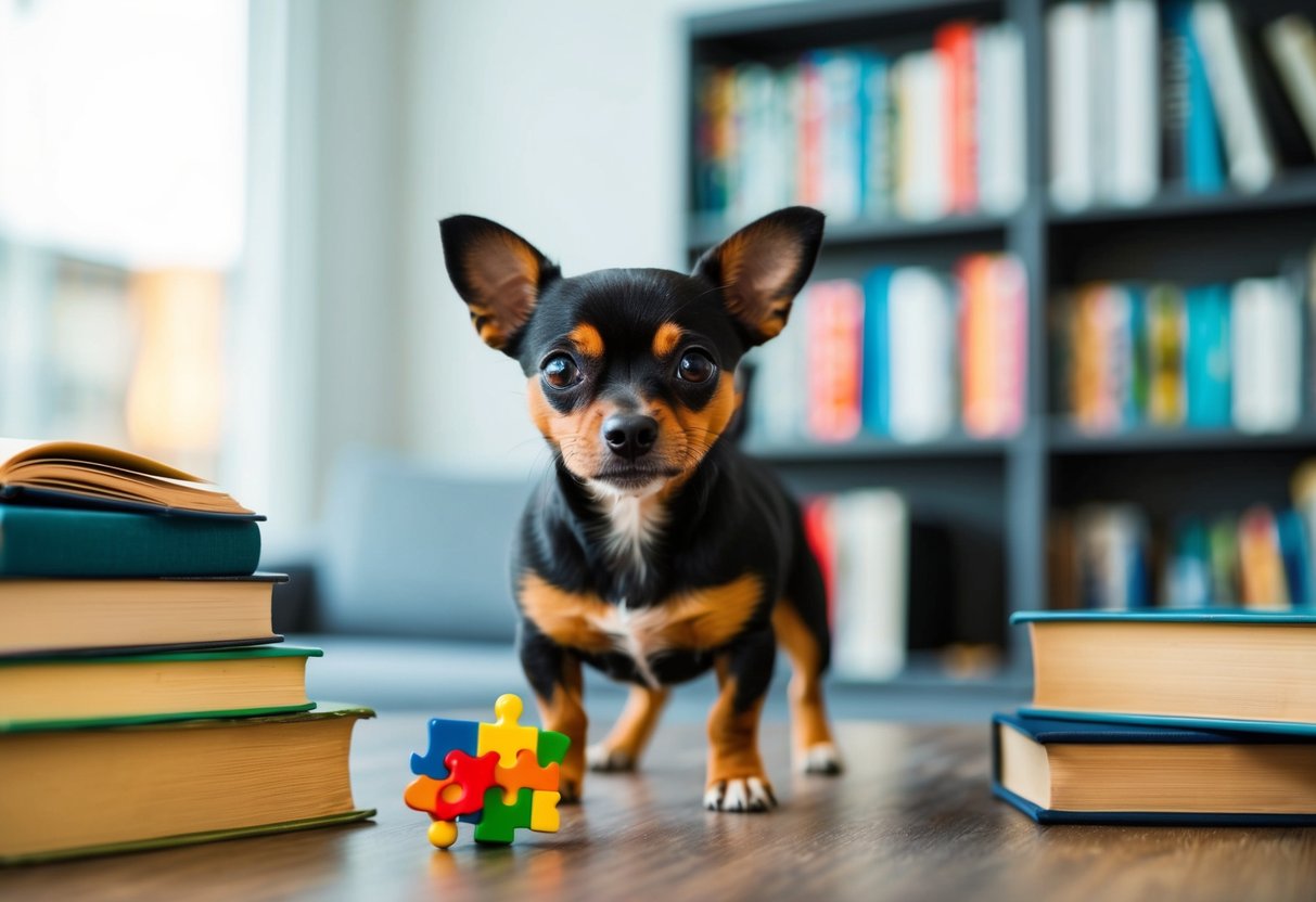 A small, alert dog with a keen expression and a confident stance, surrounded by books and a puzzle toy