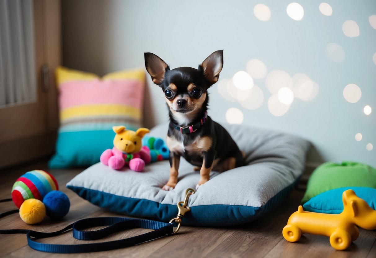 A tiny Chihuahua sits on a cushion, surrounded by toys and a small bed, with a collar and leash nearby