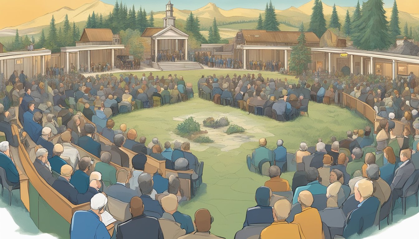 A crowded town hall meeting with heated discussions, maps of Yellowstone and the modern West, and political figures debating land use policies