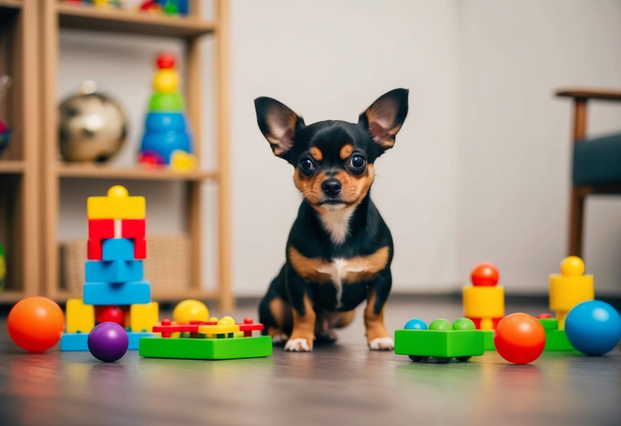 A small dog sitting attentively, surrounded by various toys and puzzle games, demonstrating intelligence and problem-solving skills