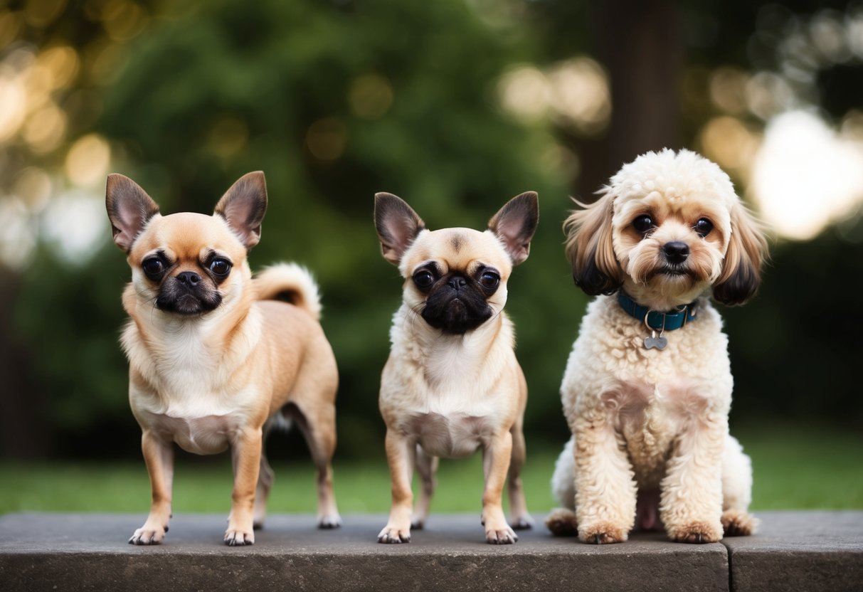 A Chihuahua stands next to a pug and a toy poodle, showcasing the size of popular tiny dog breeds that stay small