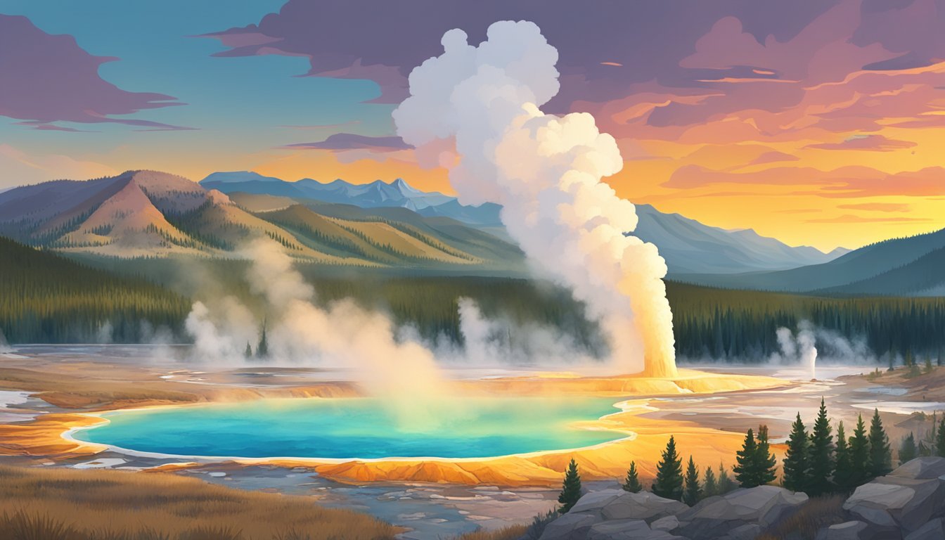 A panoramic view of Yellowstone National Park at sunset, with colorful geysers and hot springs steaming in the foreground, and a rugged mountain range in the distance