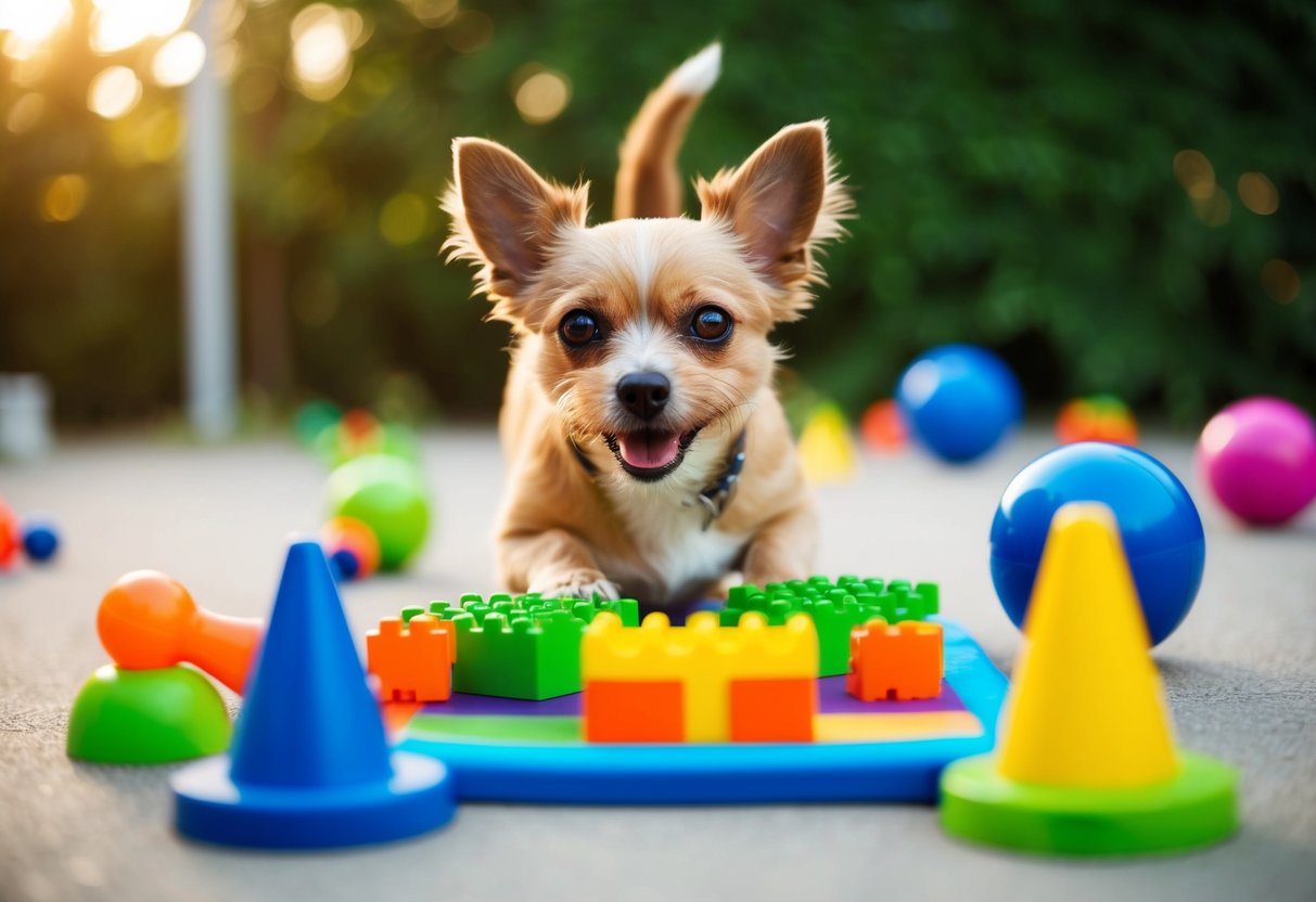 A small, alert dog eagerly engages in a training session, surrounded by puzzle toys and interactive games