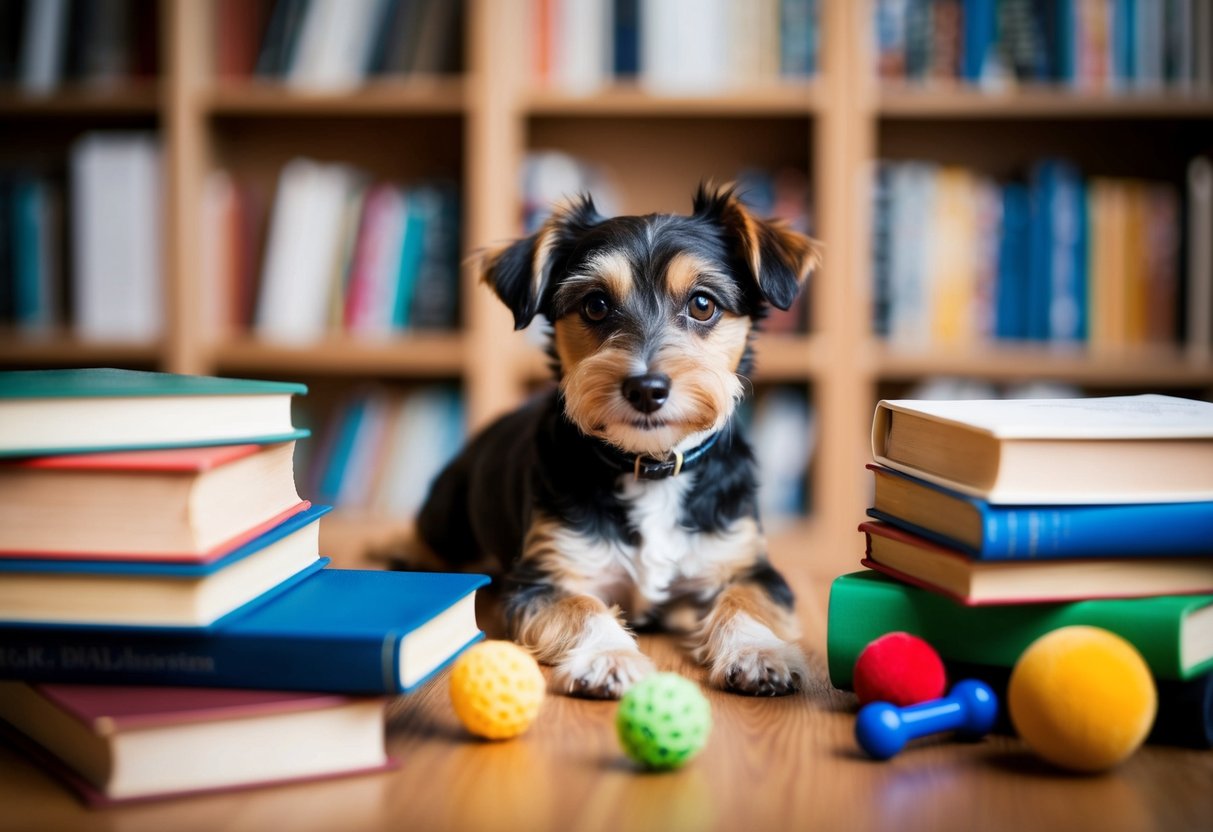 A small, clever dog like a Border Terrier or Poodle, surrounded by books and toys, demonstrating intelligence and curiosity