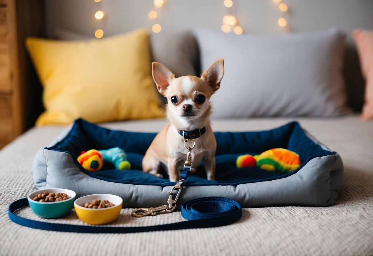 A tiny Chihuahua sits in a cozy bed, surrounded by toys and bowls of food and water. A leash and collar are nearby, ready for a walk