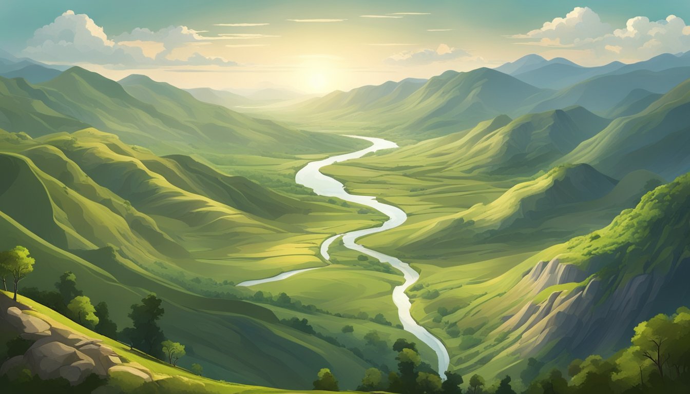 A vast, rugged landscape with rolling hills, dense forests, and a winding river. A mix of natural beauty and human development in conflict